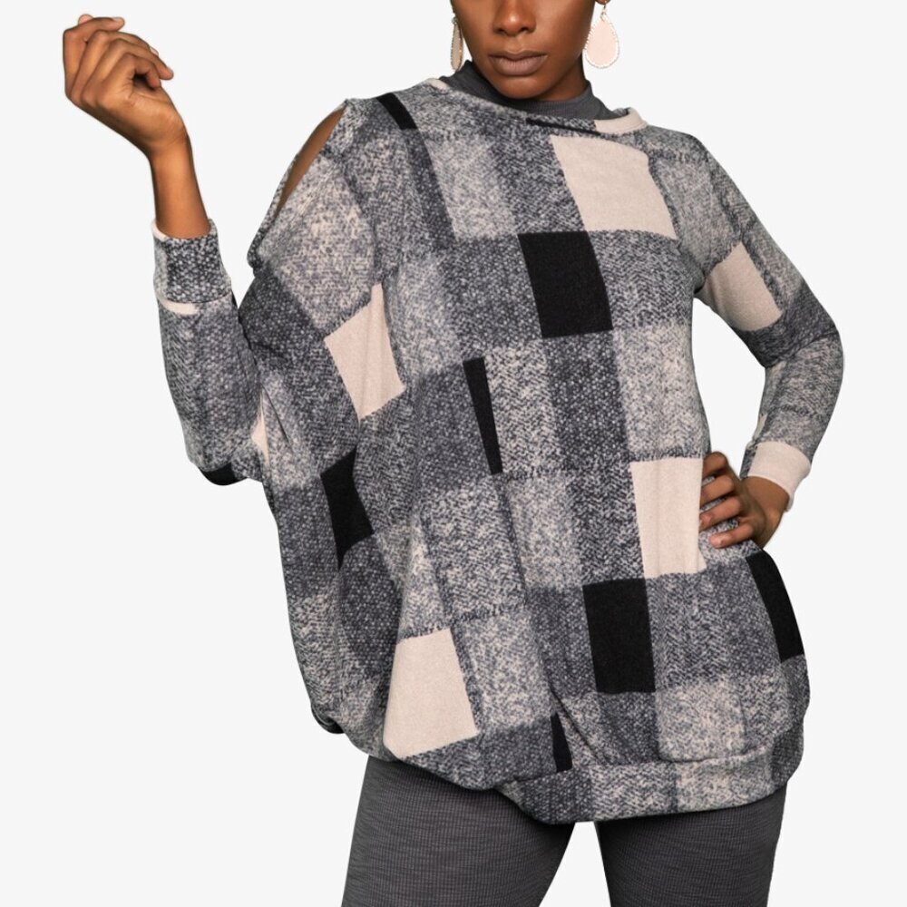 Checker Cold Shoulder Tunic Sweater Dress